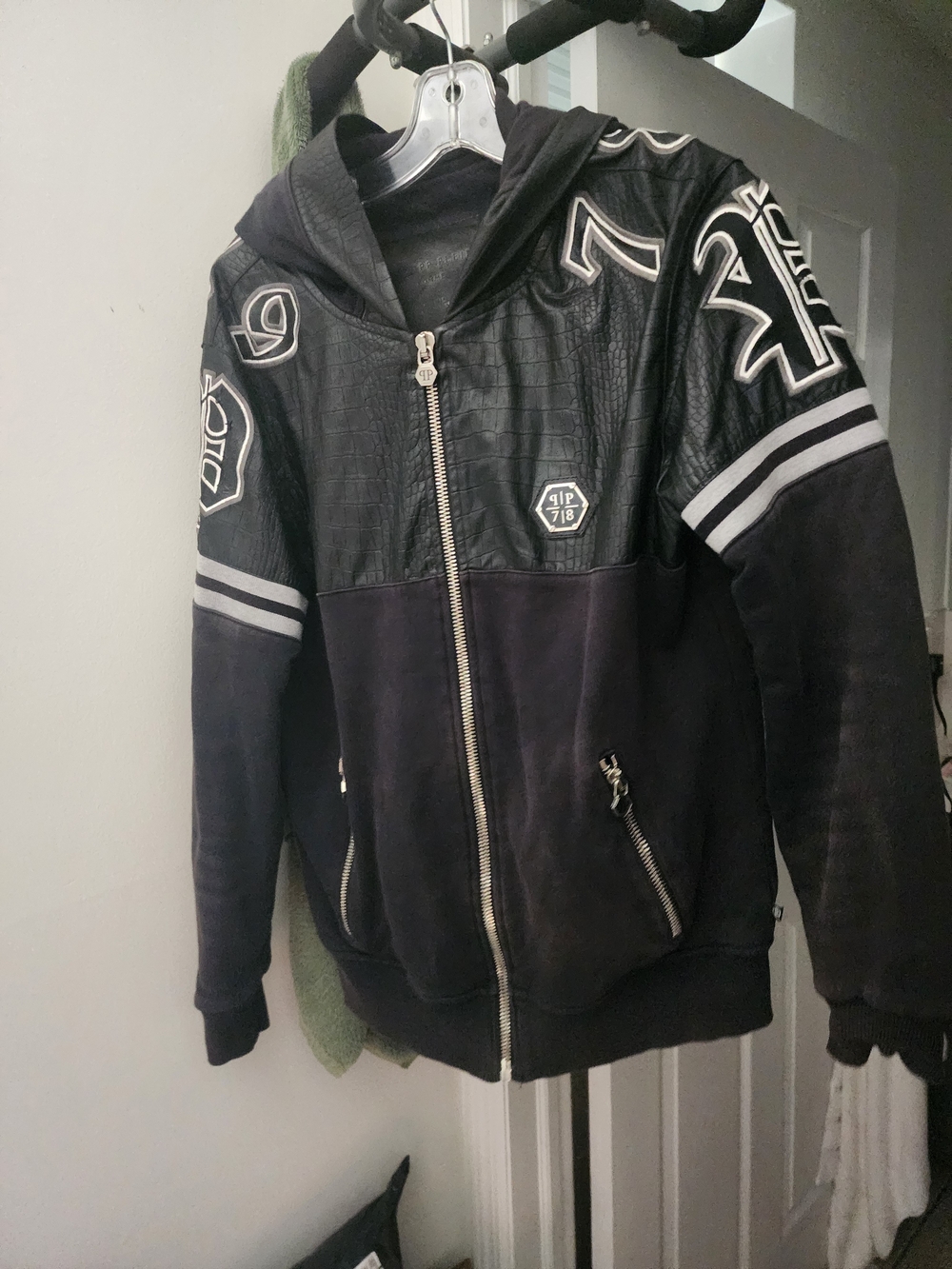 Philipp Plein Black Hooded Varsity-Style Bomber Jacket with White Patches